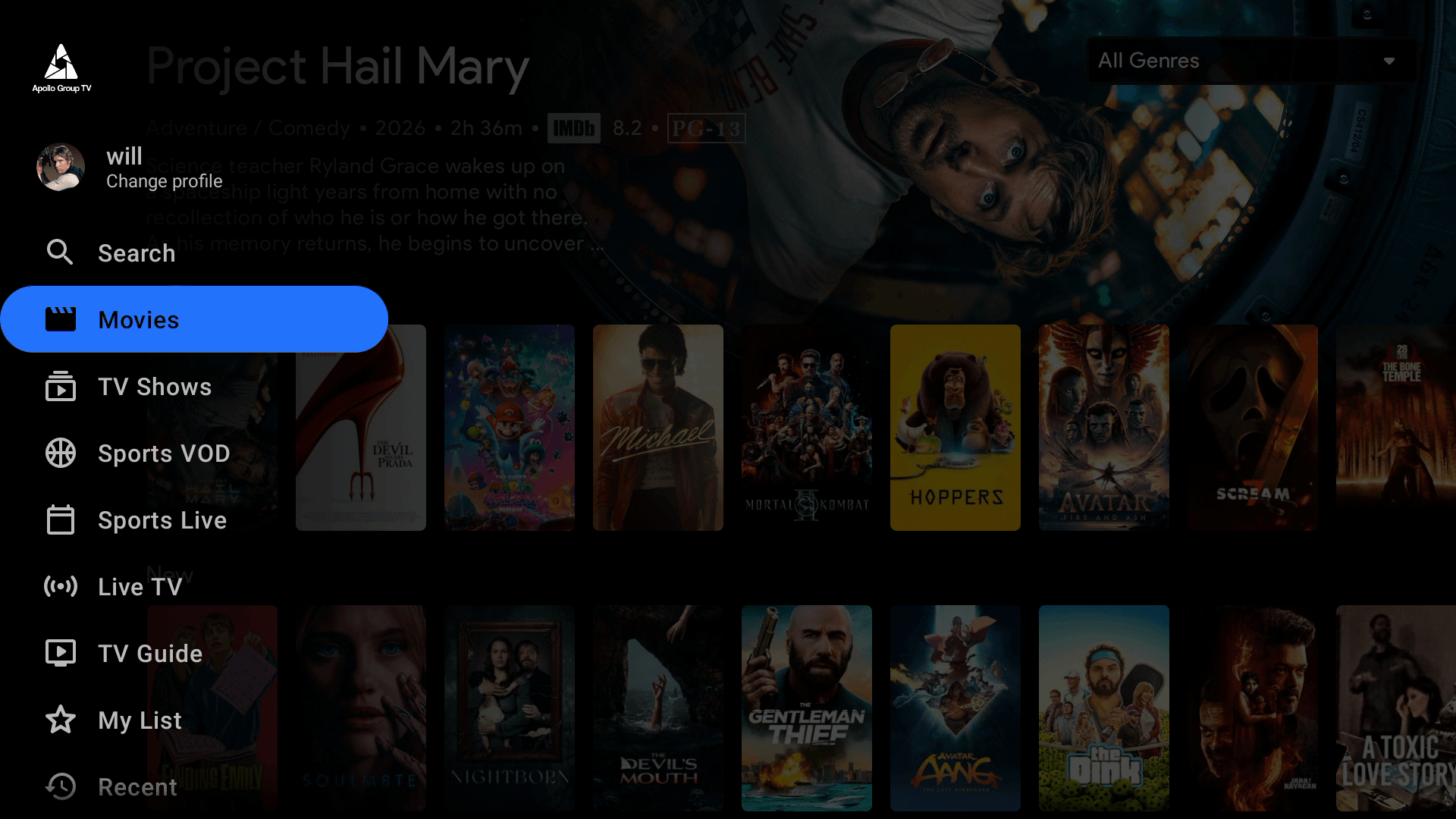 Apollo Group TV home navigation menu