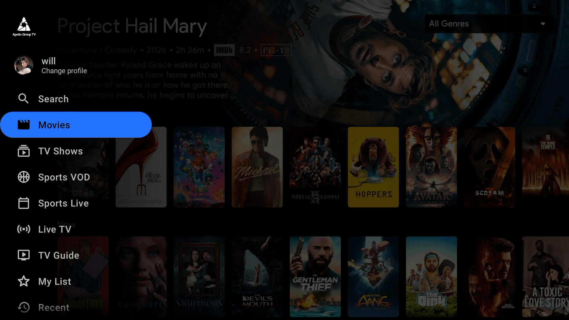 Apollo Group TV home navigation menu