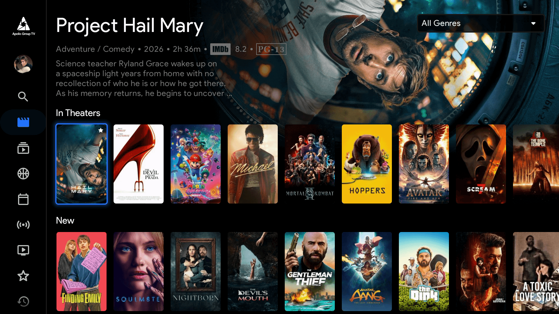 Apollo Group TV home screen with current movies and shows